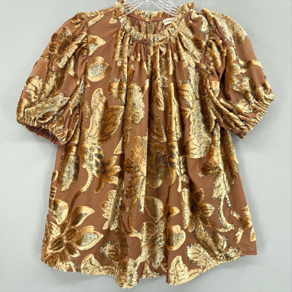Ulla Johnson Blouse 2 Brown Floral Velvet Puff Sleeve Tunic Top Metallic Party
